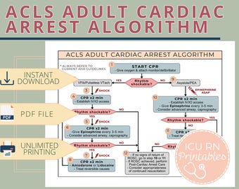 Hoja de referencia del algoritmo de paro cardíaco en adultos ACLS / Descarga en PDF imprimible