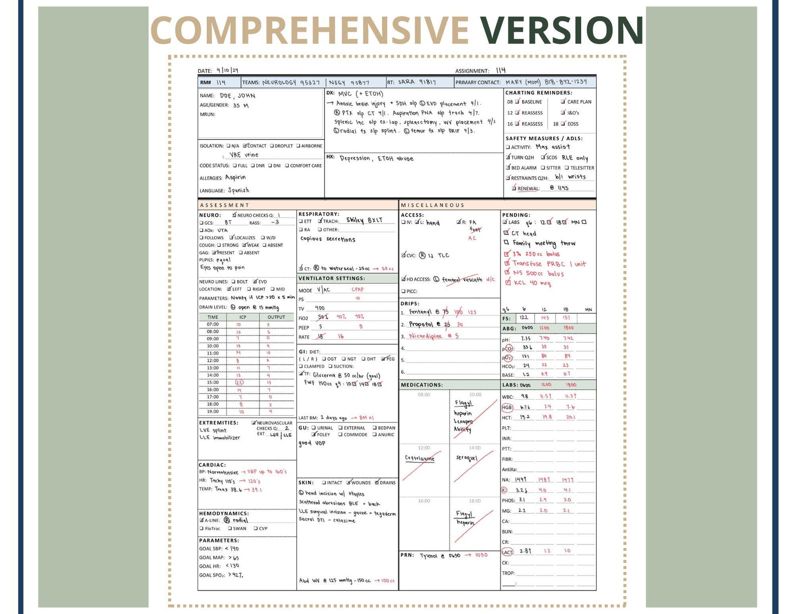 Neuro ICU Nurse Brain Report Sheet | Printable PDF Download - Etsy