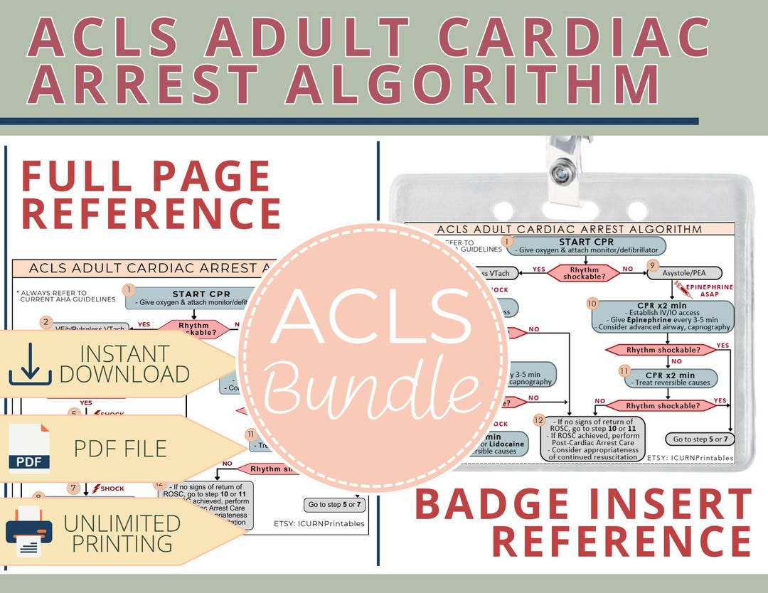 ACLS Adult Cardiac Arrest Algorithm Reference Sheet & Badge Insert ...