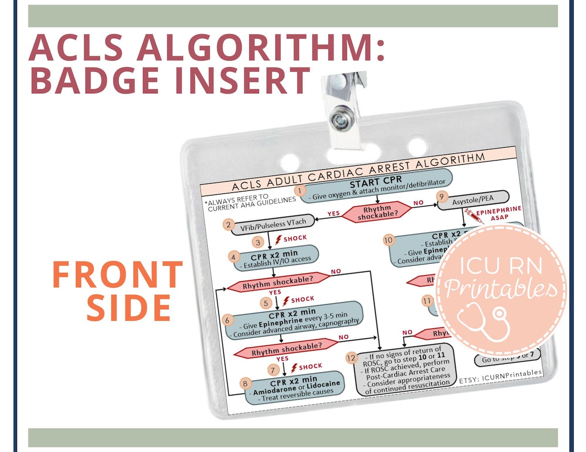 ACLS Adult Cardiac Arrest Algorithm Bundle: Reference Sheet & Badge ...