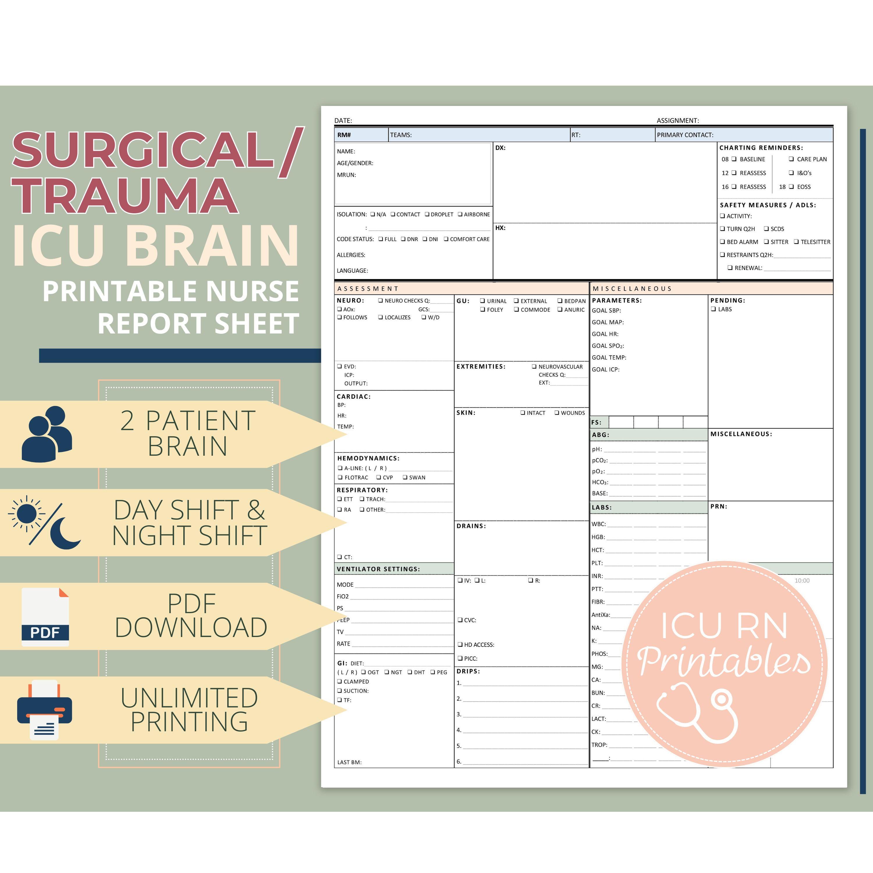 Surgical/trauma ICU Nurse Brain Report Sheet | Printable PDF