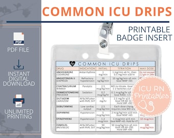Common ICU Drips Badge Insert  |  Printable PDF download
