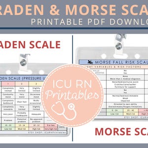 May include: A printable PDF download featuring the Braden and Morse Scale. The Braden Scale assesses pressure ulcer risk, while the Morse Fall Risk Scale evaluates fall risk factors. Both scales are displayed on clear plastic badge holders.
