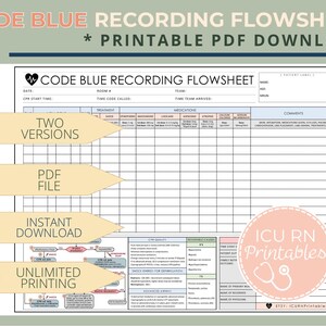 May include: A printable code blue recording flowsheet with two versions, instant download, and unlimited printing. The flowsheet includes sections for patient information, medications, treatments, and comments. The document is designed for use in a hospital or medical setting.