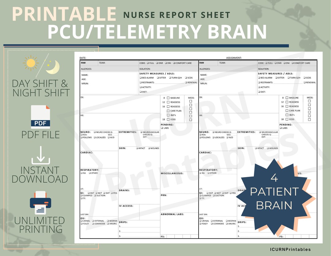Pcu/stepdown/telemetry Nurse Brain Report Sheet Printable PDF Etsy