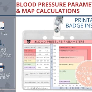 May include: Printable badge insert with a chart for blood pressure parameters. The chart includes classifications, systolic and diastolic blood pressure ranges, and a color-coded map for hypertension stages. The chart also includes a formula for calculating mean arterial pressure (MAP).