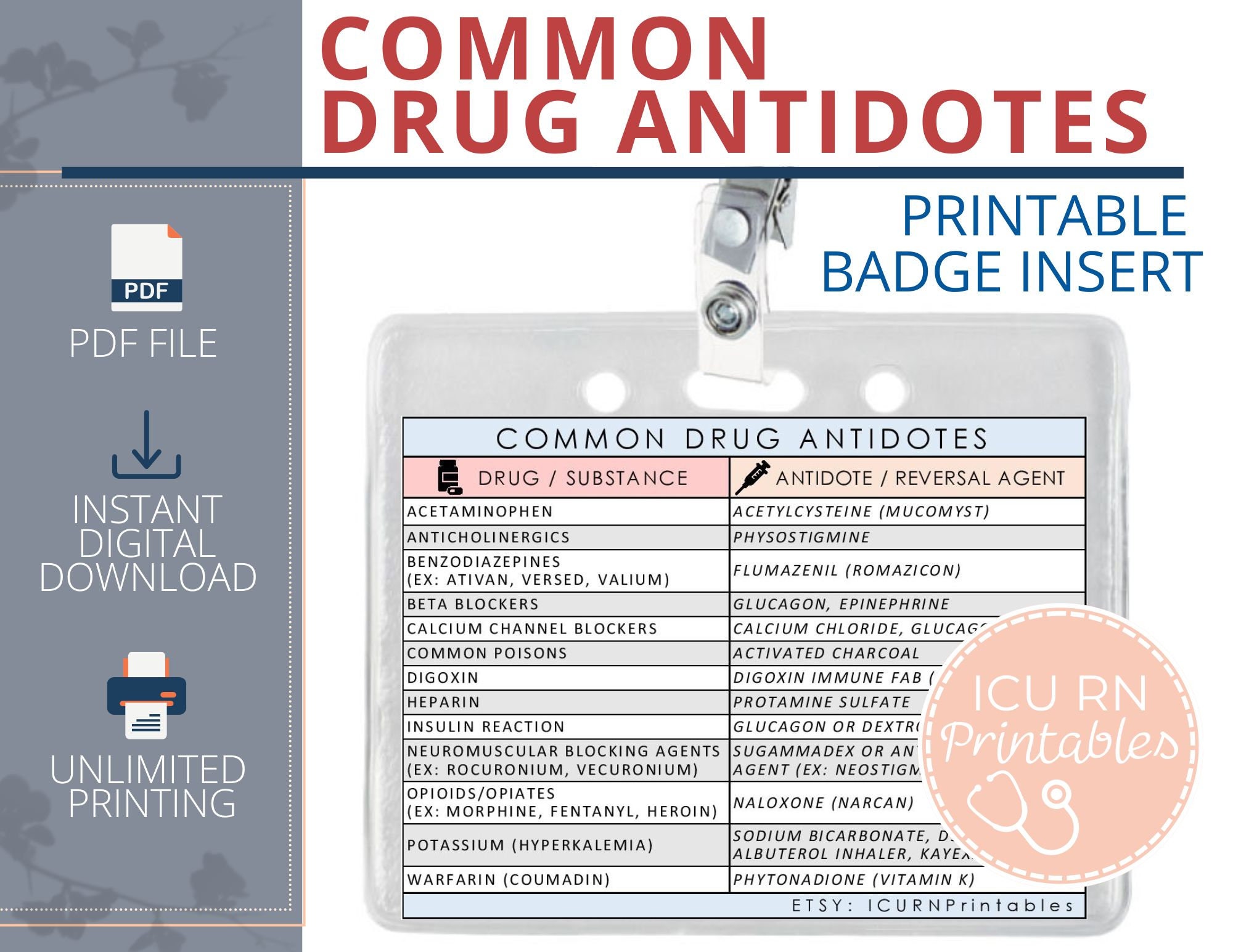 Common Drug Antidotes Badge Insert  |  Printable PDF download