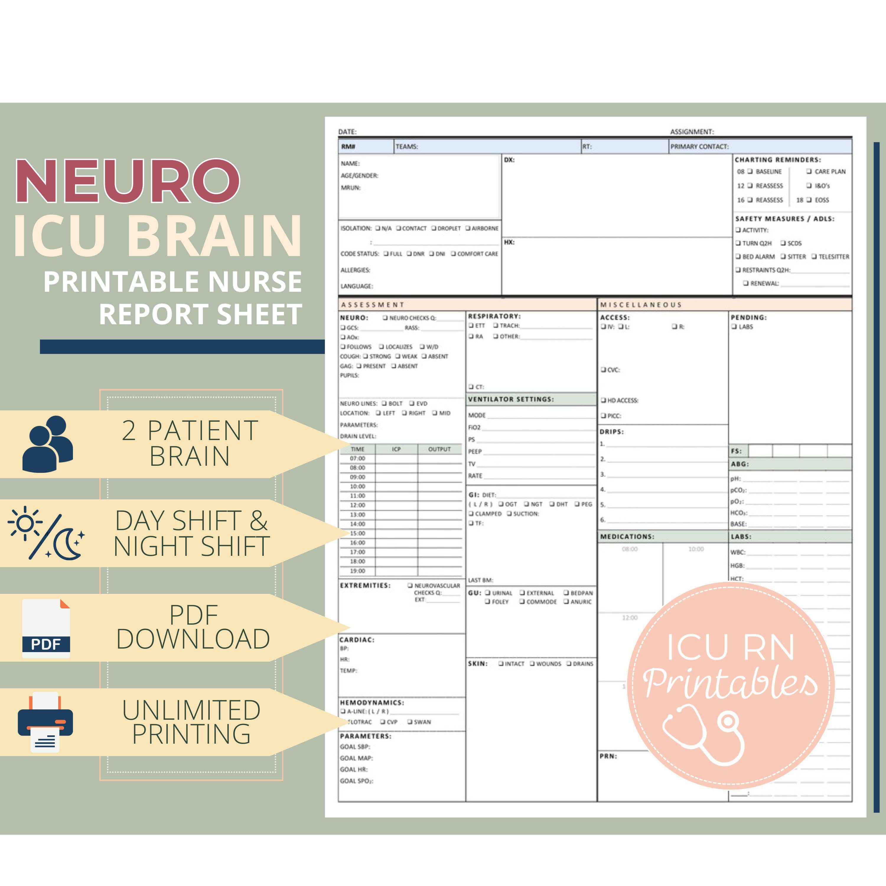 Neuro ICU Nurse Brain Report Sheet | Printable PDF Download - Etsy