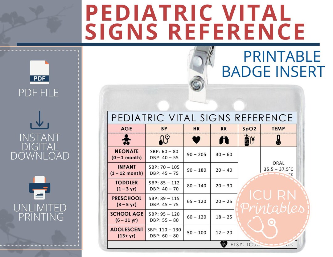 Pediatric Vital Signs Reference Badge Insert | Printable PDF Download ...