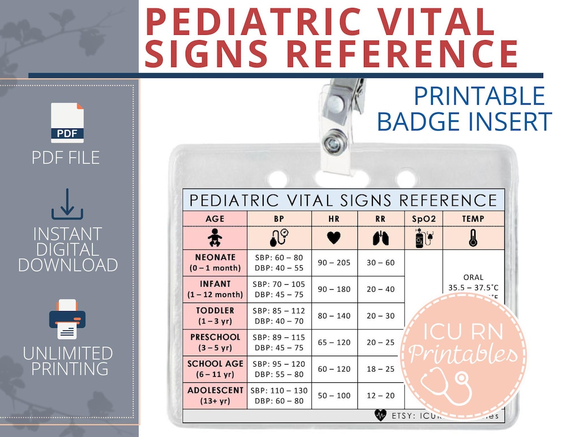 Pediatric Vital Signs Reference Badge Insert | Printable PDF Download ...