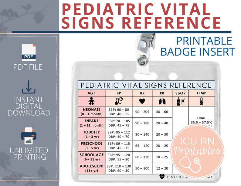 Pediatric Vital Signs Reference Badge Insert | Printable PDF Download ...