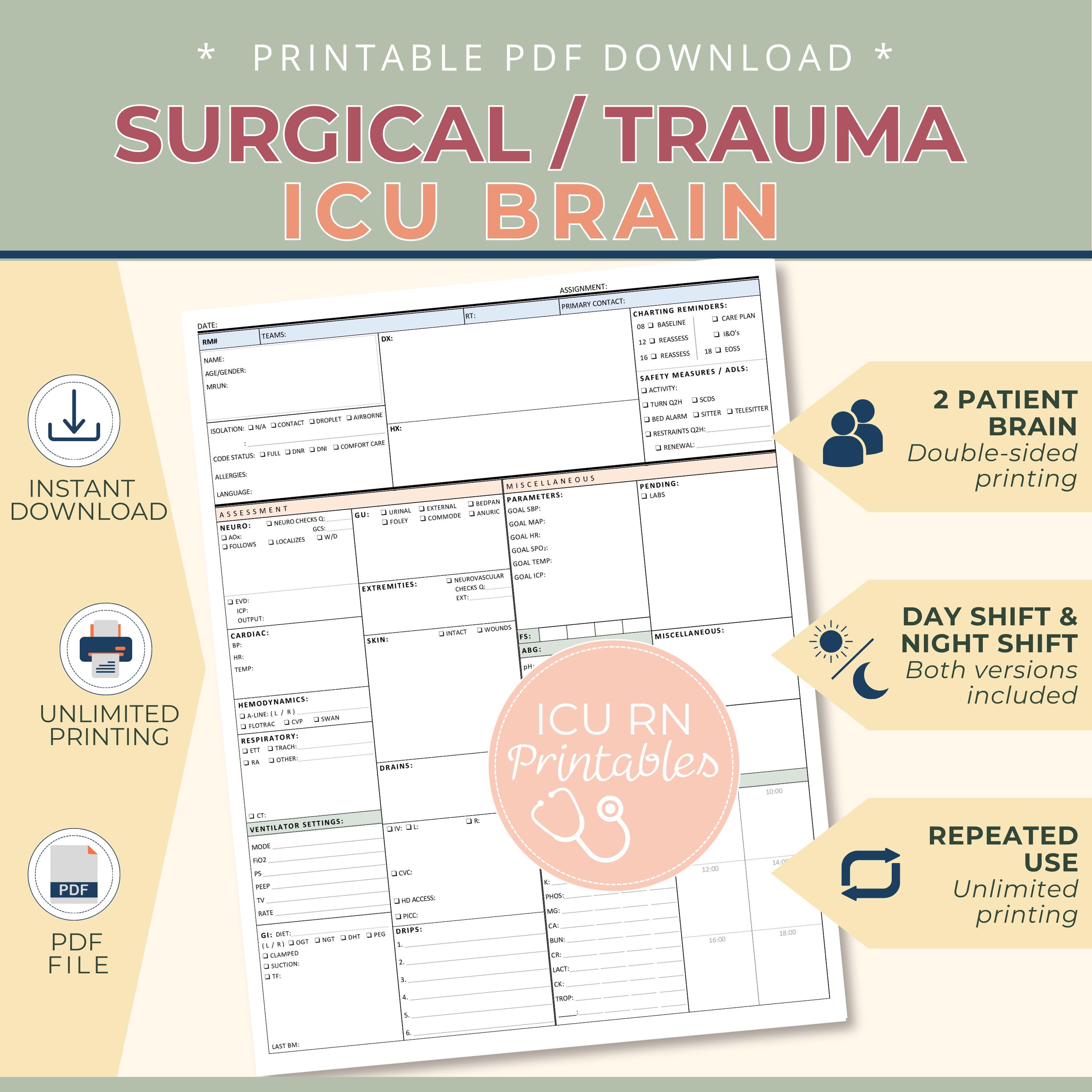 Surgical/trauma ICU Nurse Brain Report Sheet | Printable PDF