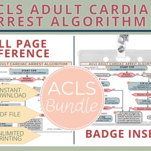 ACLS Adult Cardiac Arrest Algorithm Bundle: Reference Sheet & Badge Insert  |  Printable PDF download