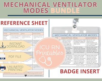Op de afbeelding: Een bundel voor mechanische beademingsmodi met een referentieblad en een badge-inzetstuk. De documenten bevatten tabellen met kolommen voor modus, beschrijving, voordelen en monitoring. De tekst bevat ICU RN Printables en een stethoscoop-pictogram.