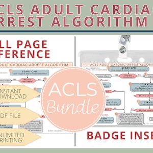 ACLS Adult Cardiac Arrest Algorithm Bundle: Reference Sheet & Badge Insert  |  Printable PDF download