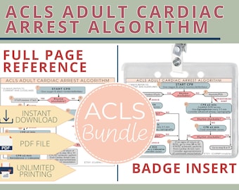 ACLS Adult Cardiac Arrest Algorithm Bundle: Reference Sheet & Badge Insert  |  Printable PDF download