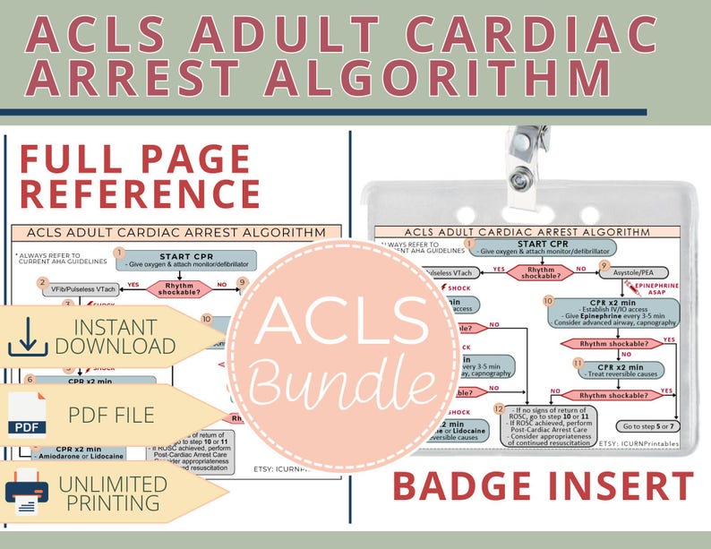 ACLS Adult Cardiac Arrest Algorithm Bundle: Reference Sheet & Badge ...