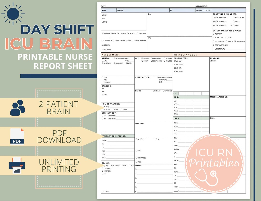 DAY SHIFT ICU Nurse Brain Report Sheet | Printable Pdf Download - Etsy