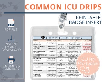 Common ICU Drips Badge Insert  |  Printable PDF download