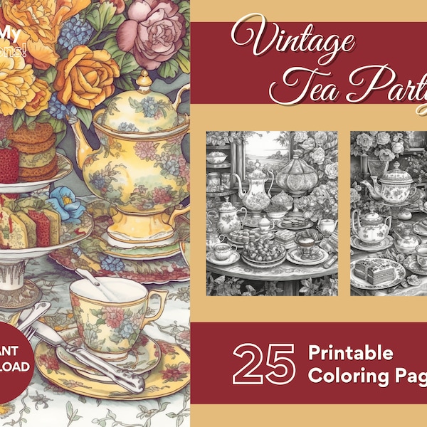 Tea Party Coloring Pages For Coloring Lover Adults 25 Greyscale Pages to Color Printable PDF PNG Instant Download To Relax