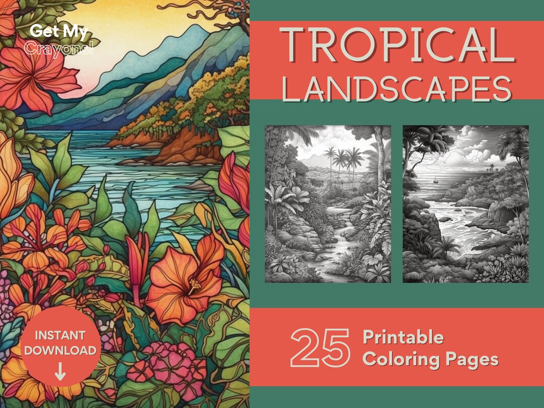 Tropical Landscape Coloring Pages for Adults Hawaiian Flowers - Etsy