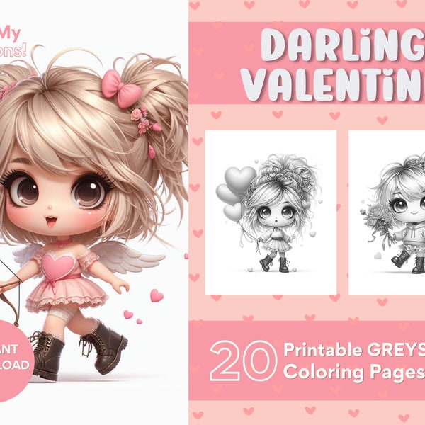 Darling Valentine Girls Coloring Pages For Adults 20 Greyscale Pages to Color Printable PDF PNG Instant Download Coloring Relax and Unwind