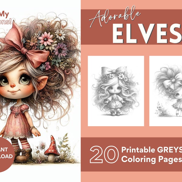 Adorables lutins à colorier pour adultes 20 pages en niveaux de gris à colorier PDF imprimable Téléchargement instantané PNG à colorier Détendez-vous et détendez-vous