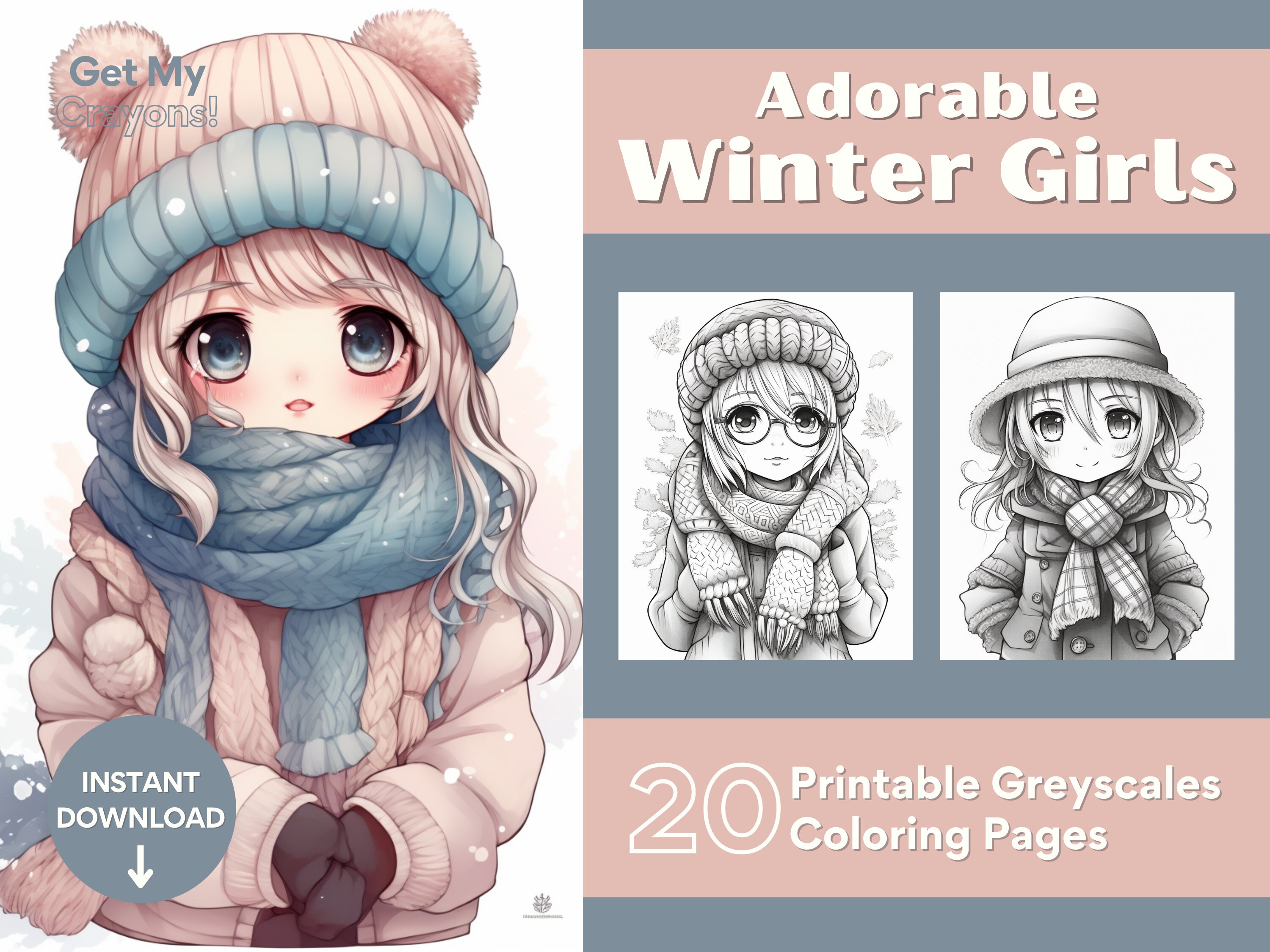 Adorable Winter Girls Coloring Pages for Adults 20 Greyscale Pages to ...