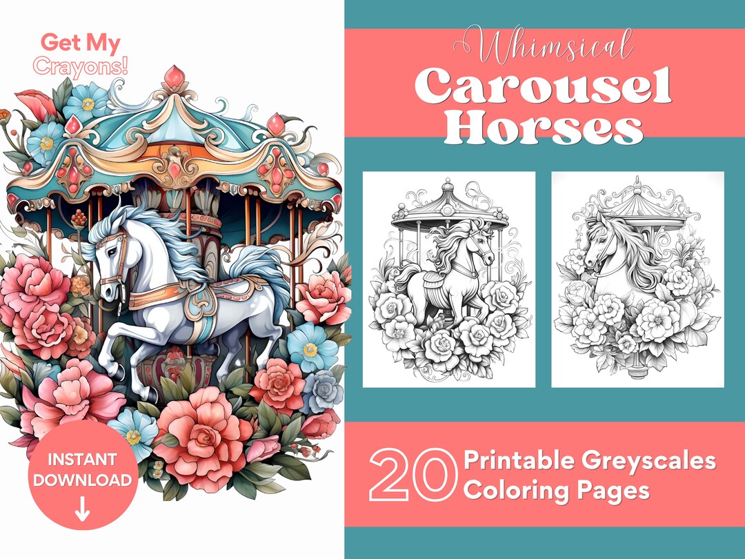 Whimsical Carousel Horses Coloring Pages for Adults Teens 20 Greyscale