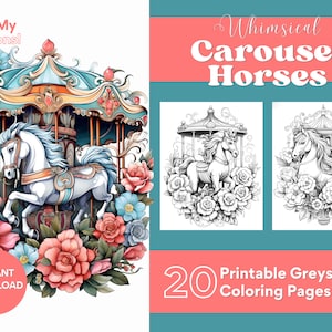 Puede incluir: Un conjunto de 20 páginas para colorear imprimibles que presentan caballos de carrusel caprichosos con acentos florales. Las imágenes están en escala de grises y listas para colorear.