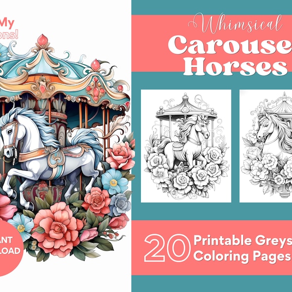 Whimsical Carousel Horses Coloring Pages For Adults Teens 20 Greyscale Pages to Color Printable PDF PNG Instant Download Coloring