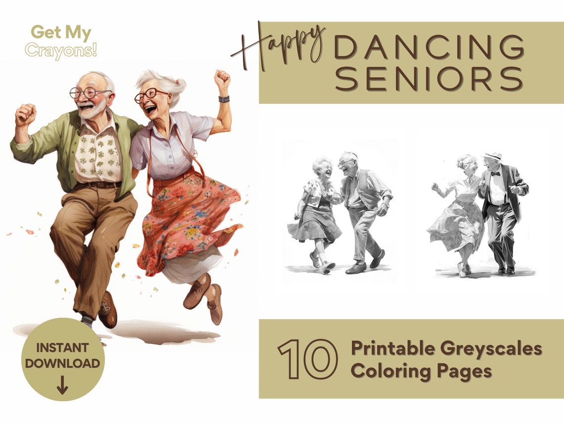 Happy Dancing Seniors Coloring Pages for Adults 10 Greyscale Pages to ...
