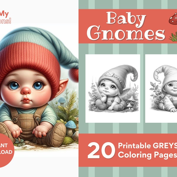 Pages à colorier de bébés gnomes, pour adultes, adolescents et enfants 20 pages en niveaux de gris imprimables PDF PNG