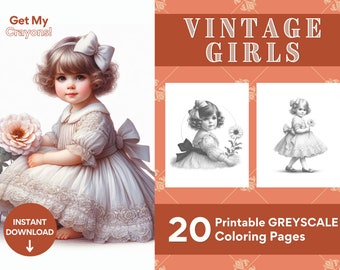 Vintage Little Girls Coloring Pages For Adults 20 Greyscale Pages to Color Printable PDF PNG Instant Download Coloring To Relax and Unwind