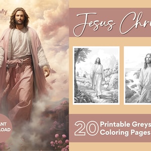 Op de afbeelding: Een digitale download van 20 afdrukbare kleurplaten met grijstintenafbeeldingen van Jezus Christus. De tekst "Get My Crayons!" en "Instant Download" is zichtbaar in de afbeelding.