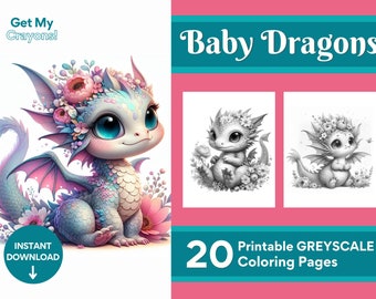 Cute Baby Dragons Coloring Pages, For Adults, Teens, and Kids, 20 Greyscale Printables PDF PNG Instant Download for Stress Relief