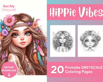 Hippie Vibes, Boho Girl in Spring Coloring Pages, For Adults, Teens, and Kids, 20 Greyscale Pages Printable PDF PNG Instant Download