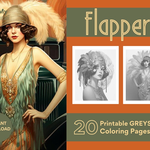 Flappers Roaring 20's Era Coloring Pages For Adults 20 Greyscale Pages to Color Printable PDF PNG Instant Download Coloring Relax and Unwind