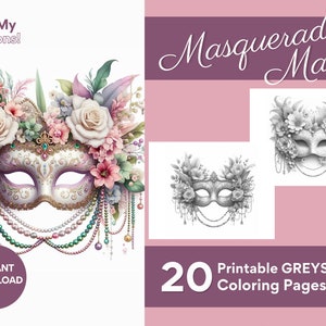 Masquerade Masks Coloring Pages, For Adults, Teens, and Kids, 20 Greyscale Printables PDF PNG Instant Download for Stress Relief
