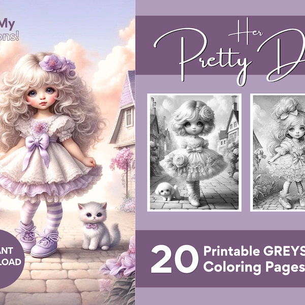 Adorable Girls Pretty Dress Coloring Pages For Adults Teens & Kids 20 Greyscale Pages to Color Printable PDF PNG Instant Download