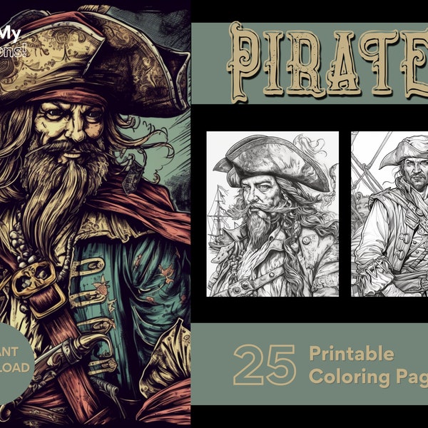 Pirate Coloring Pages For Adults 25 Greyscale Pages to Color Printable PDF PNG Instant Download Coloring Relax and Unwind
