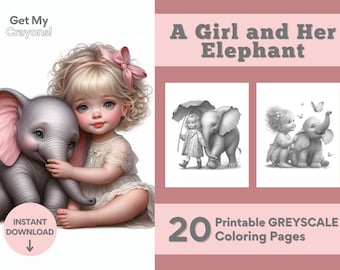 Adorable Girl and Her Elephant Coloring Pages For Adults 20 Greyscale Pages to Color Printable PDF PNG Instant Download Coloring To Relax