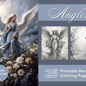 Angels Coloring Pages For Adult Teens 25 Greyscale Pages to Color Printable PDF PNG Instant Download Color for Stress and Anxiety Relief