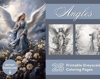 Angels Coloring Pages For Adult Teens 25 Greyscale Pages to Color Printable PDF PNG Instant Download Color for Stress and Anxiety Relief