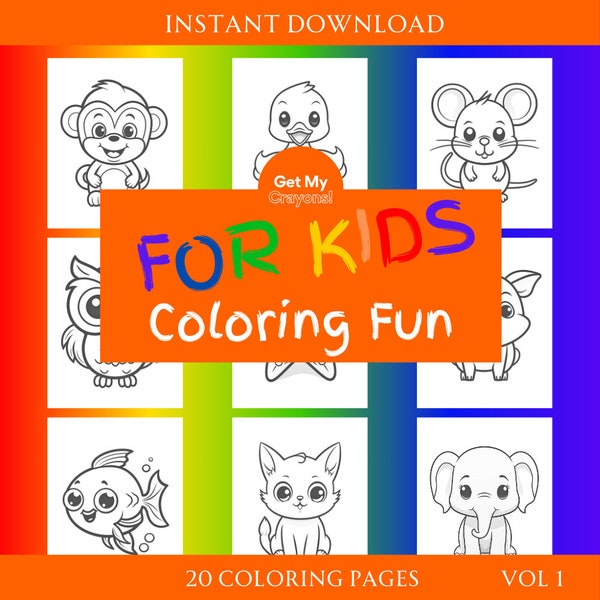 Kids Fun Animal Coloring Pages, Large Print for Toddlers, Preschool 20 Digital Greyscale Pintable's PDF PNG Instant Download