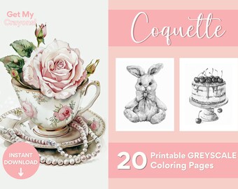 Puede incluir: Un conjunto de 20 páginas para colorear en escala de grises imprimibles con el título "Coquette". Las páginas presentan imágenes de un conejo, un pastel con cerezas y una taza de té con una rosa.