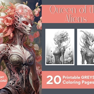 May include: A digital illustration of a queen of the aliens with a pink and white body and a crown of flowers. The image is in grayscale and is part of a set of 20 printable coloring pages.
