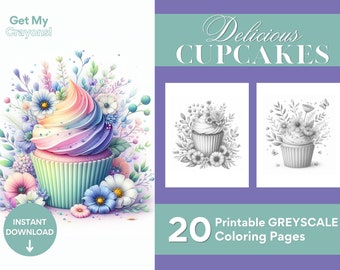 Cupcakes and Flowers Coloring Pages, For Adults, Teens, and Kids 20 Greyscale Pages Printable PDF PNG Instant Download For Floral Lovers