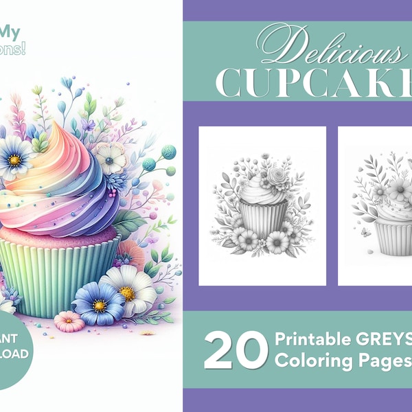 Cupcakes and Flowers Coloring Pages, For Adults, Teens, and Kids 20 Greyscale Pages Printable PDF PNG Instant Download For Floral Lovers