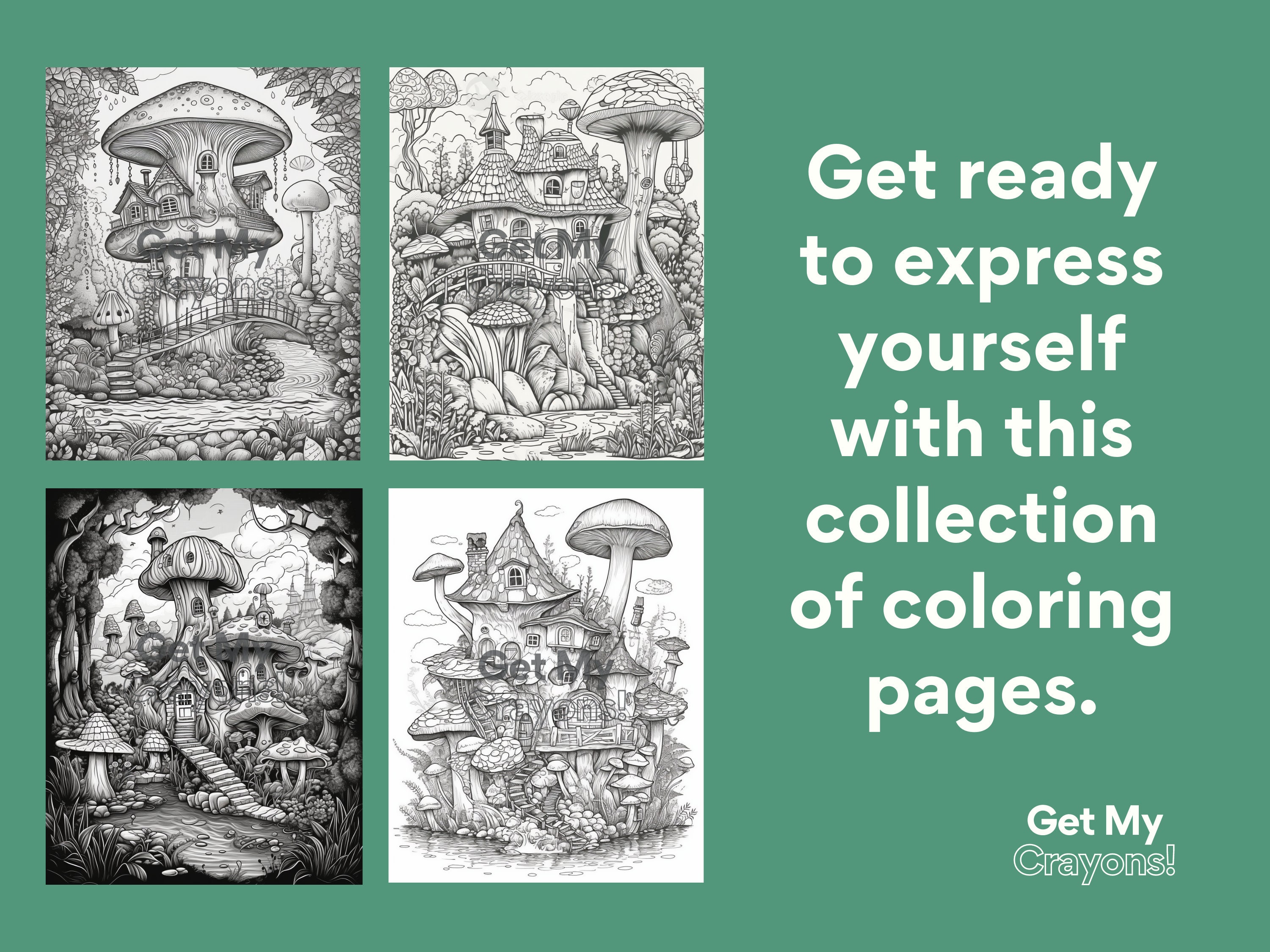 Enchanted Mushroom House Coloring Pages for Adults 25 Greyscale Pages ...